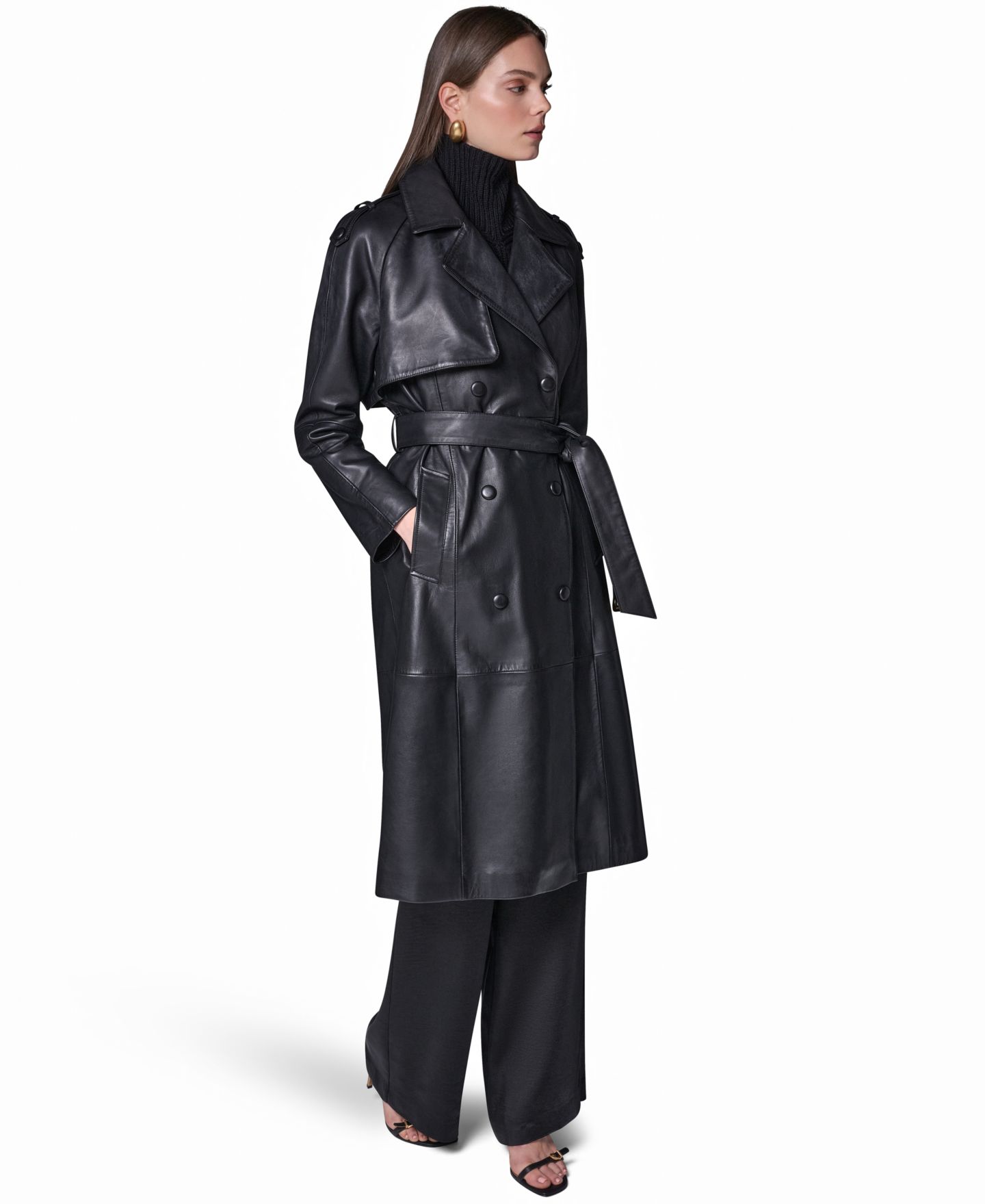 Женское пальто Donna Karan New York Double Breasted Belted Leather Trench, цвет: Чёрный — фото 2