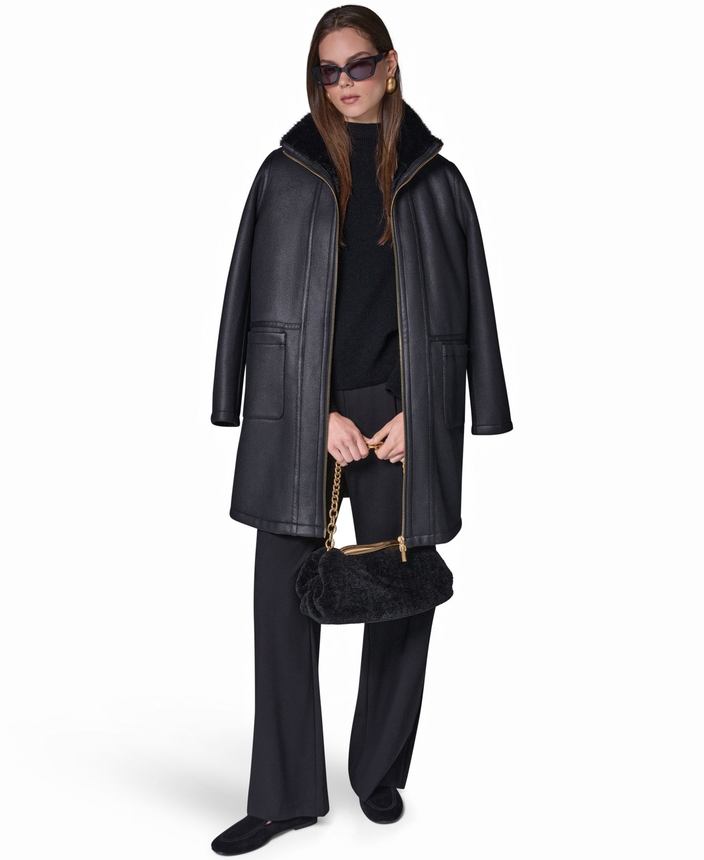 Женское пальто Donna Karan New York из искусственной овчины с отложным воротником, цвет: Чёрный — фото 6