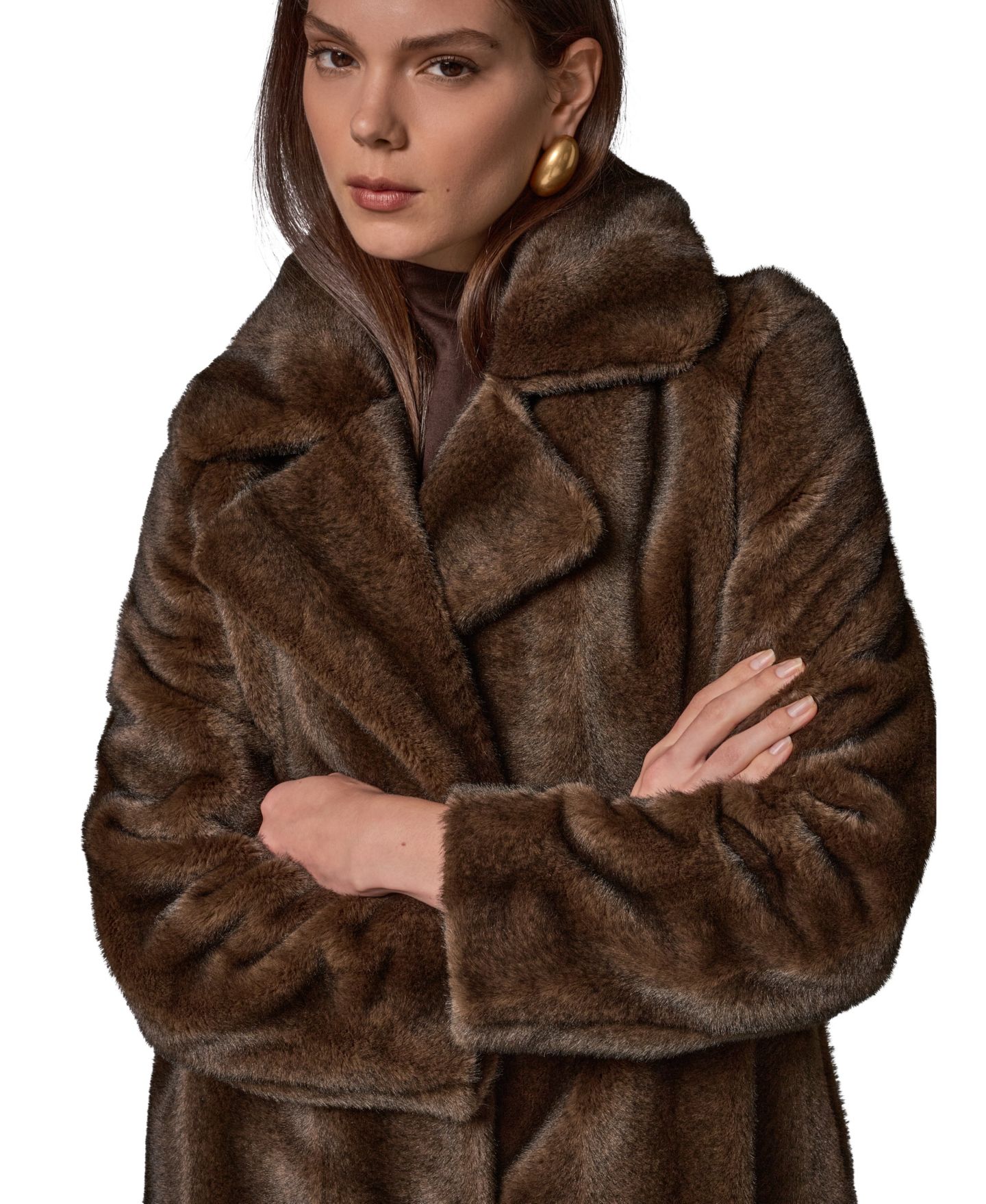 Женское пальто Donna Karan New York Notched-Collar Faux-Fur, цвет: Коричневый, вариант 1 — фото 4