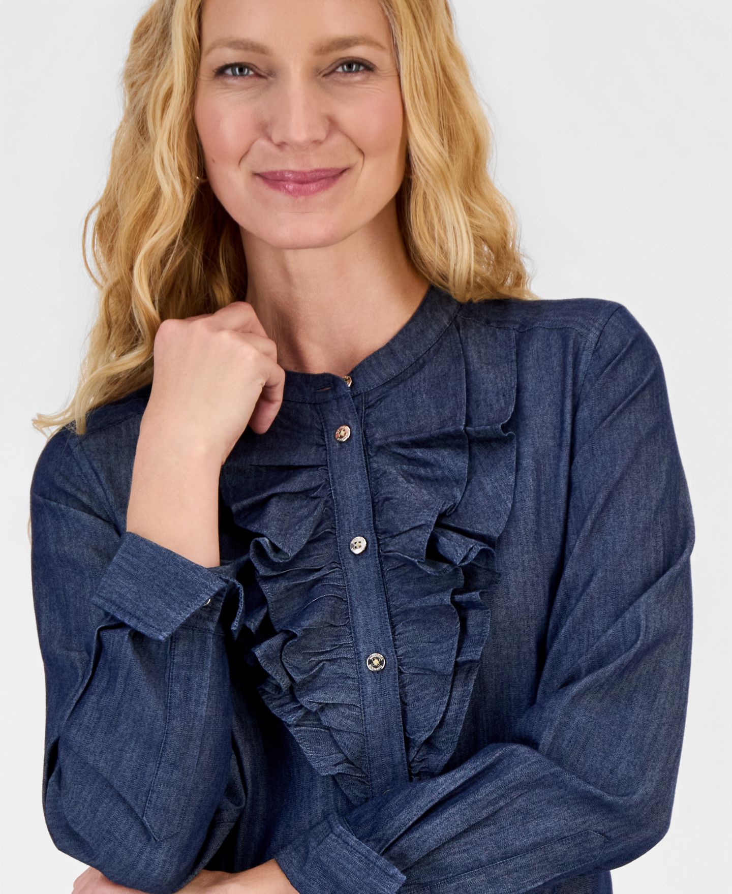 Женская блузка Nautica Long-Sleeve Ruffle Chambray, цвет: Лазурный — фото 3
