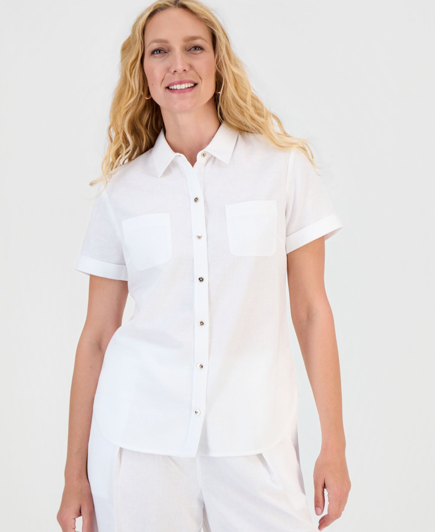 Женская рубашка Nautica Linen-Blend Short-Sleeve Point-Collar Camp, цвет: Яркий белый — фото 1