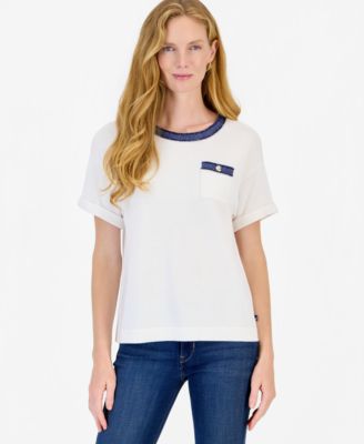 Women's Short-Sleeve Crewneck Denim Trim Sweater