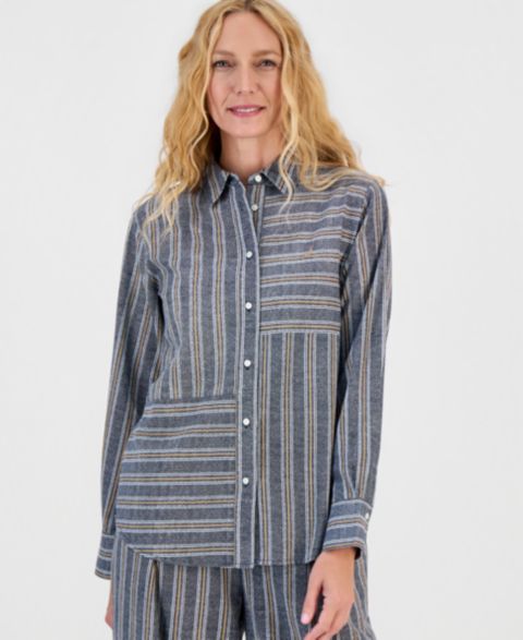 Женская рубашка Nautica Long-Sleeve Linen-Blend Striped, цвет: Небесно-голубой разноцветный