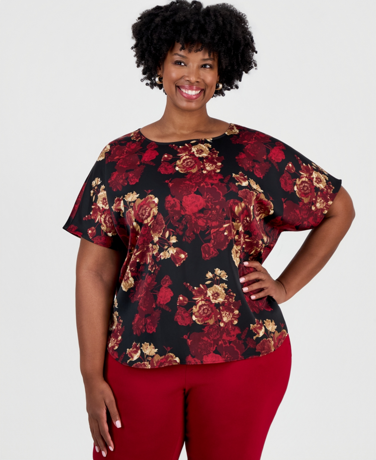 Anne Klein Plus Size Floral-Print Blouse - Titian Red Multi