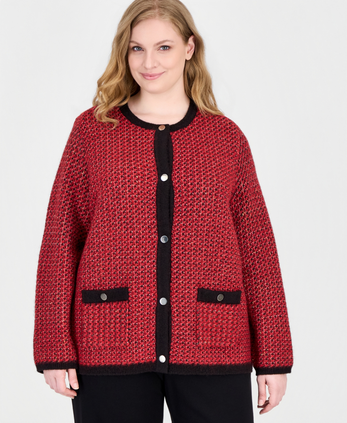 Anne Klein Plus Boucle Crewneck Cardigan