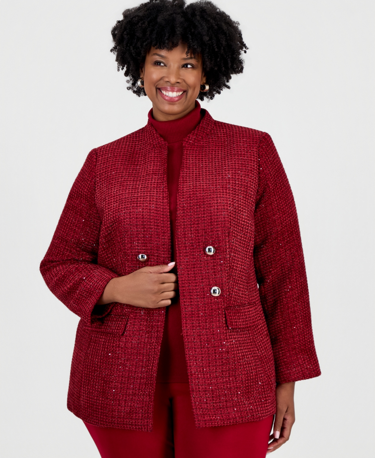 Anne Klein Plus Size Double-Breasted Shoulder-Padded Jacket - Titian Red