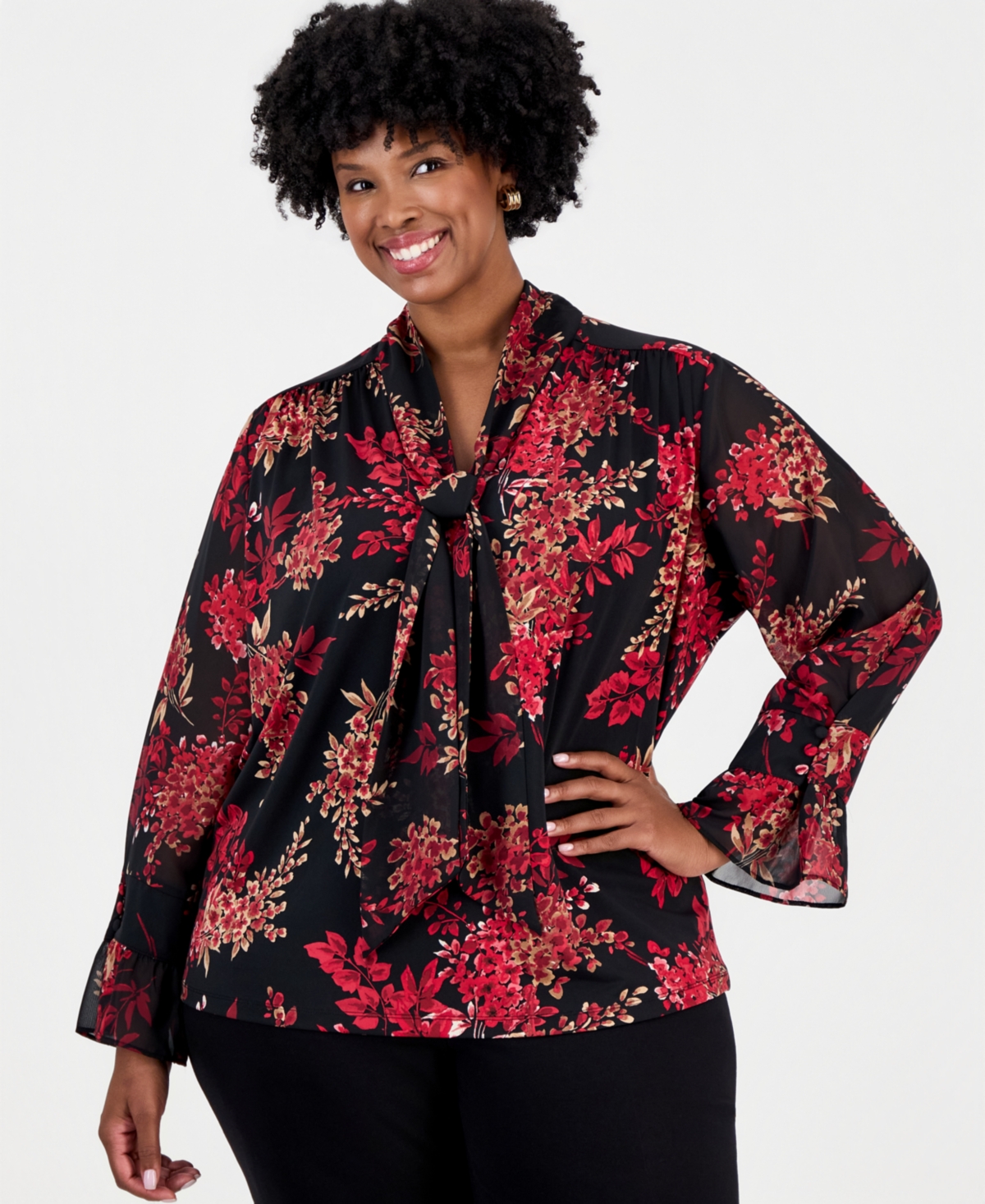 Anne Klein Plus Long Sleeve Floral V-Neck Blouse