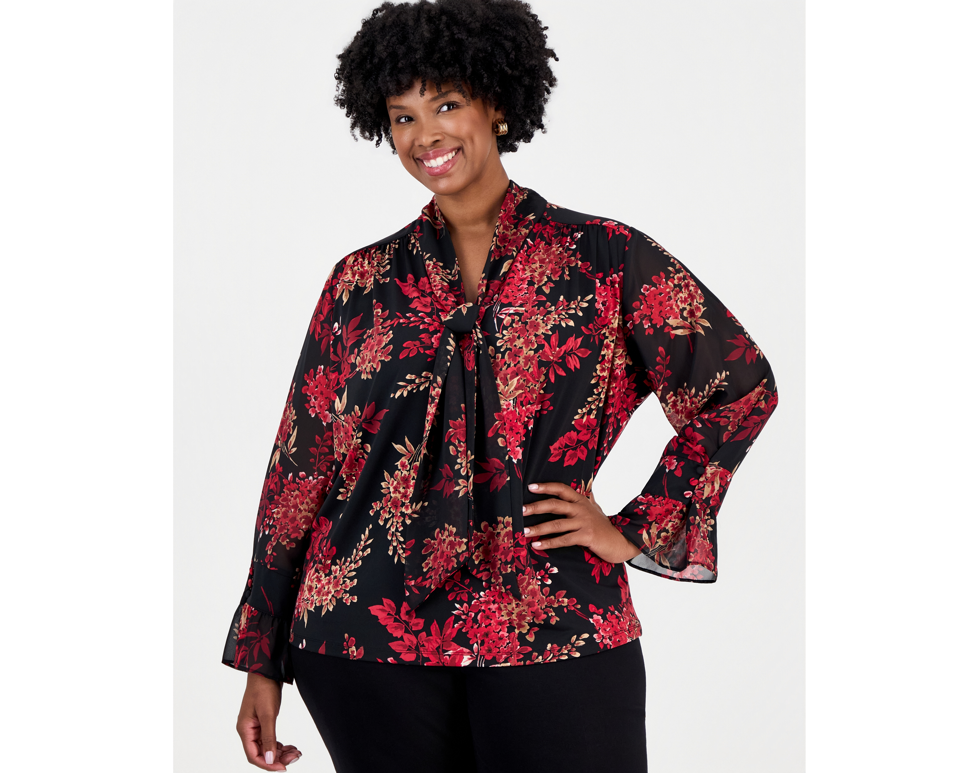 Anne Klein Plus Long Sleeve Floral V-Neck Blouse