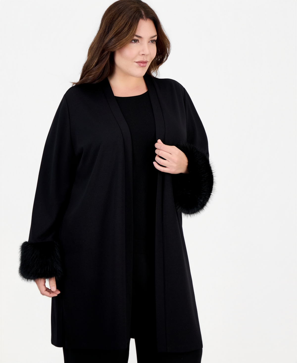 Anne Klein Plus Size Long Sleeve Open Front Faux Fur Trim Cardigan - Anne Black