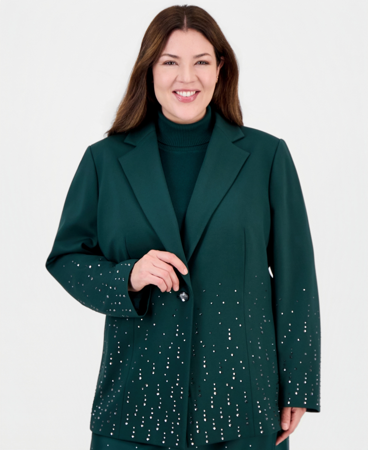 Anne Klein Plus Size Droplet-Embellished Statement Blazer - Pine Forest