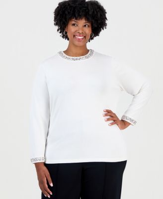 Plus Size Rhinestone Embellished Keyhole Sweater