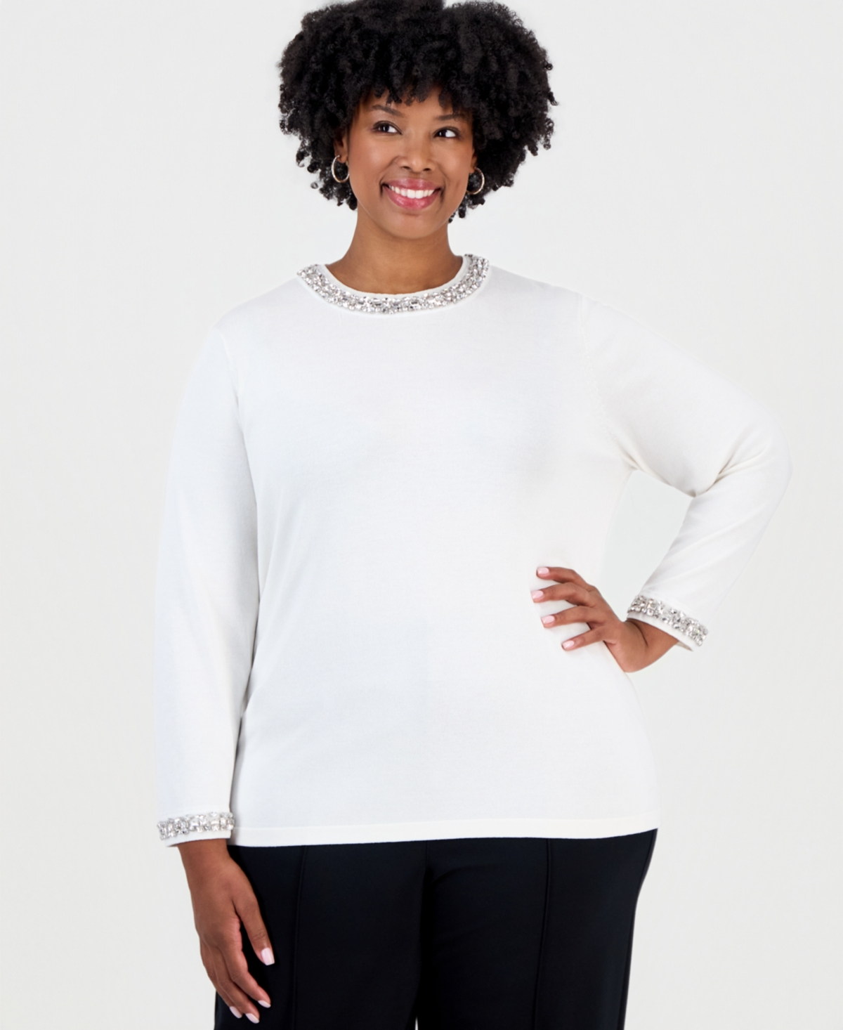 Anne Klein Plus Size Rhinestone Embellished Keyhole Sweater - White Dove