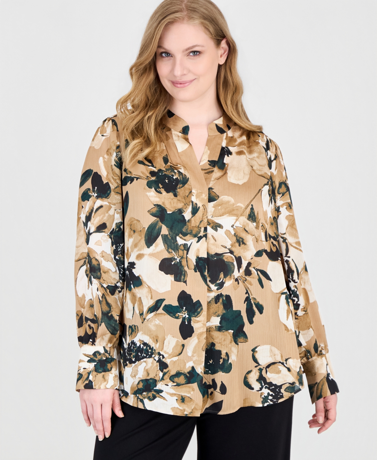 Anne Klein Plus Size Long-Sleeve V-Neck Floral-Print Blouse - Lt Coffee Multi