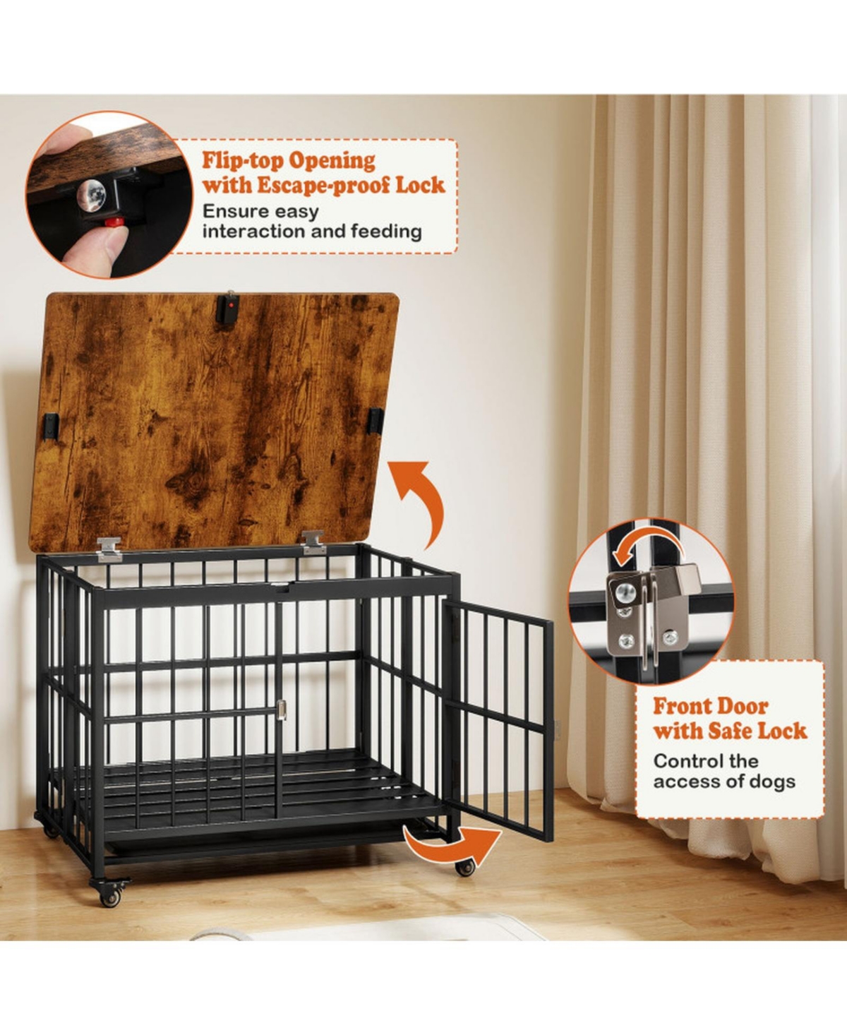 Hongge Foldable Dog Crate Furniture with Removable Tray Lockable Door and Rolling Wheels
