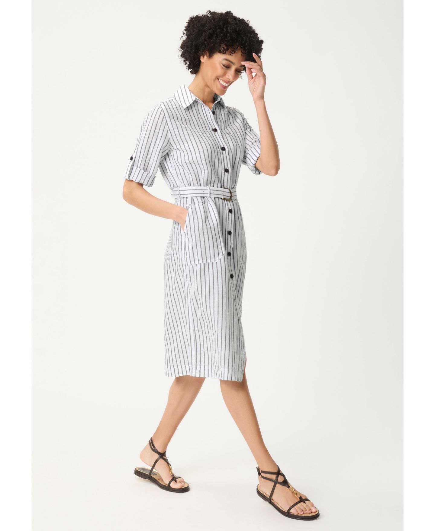 Женское платье Olsen Stripe Midi Linen-Cotton Blend Shirt Dress, цвет: Тёмный коричневый — фото 5