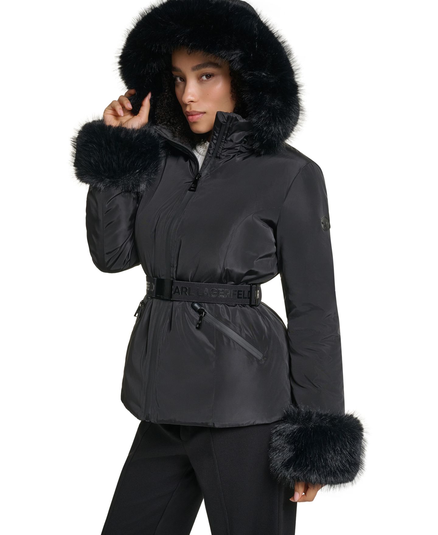 Женская куртка KARL LAGERFELD PARIS Faux-Fur Trim Cuff and Hood Belted Puffer, цвет: Чёрный — фото 4