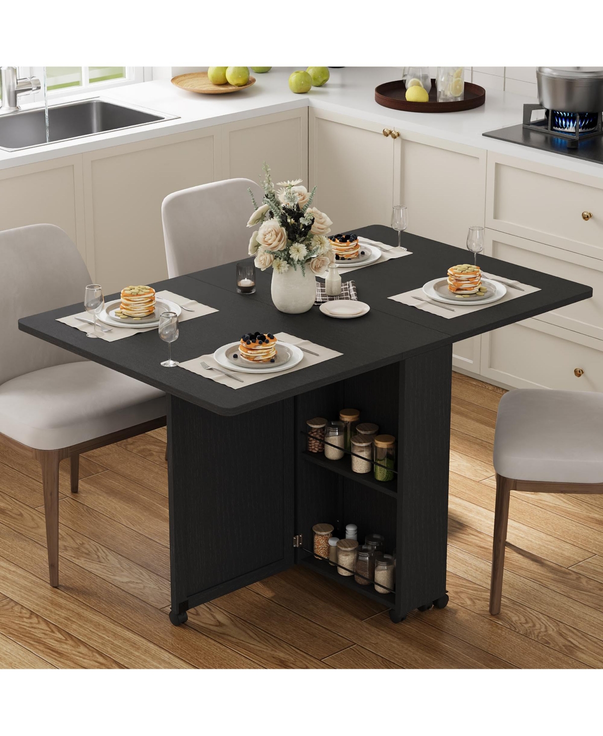 homfan Folding Dining Table with Storage, Kitchen 6 Wheels, Drawer and Shelves, Compact for Small Spaces
