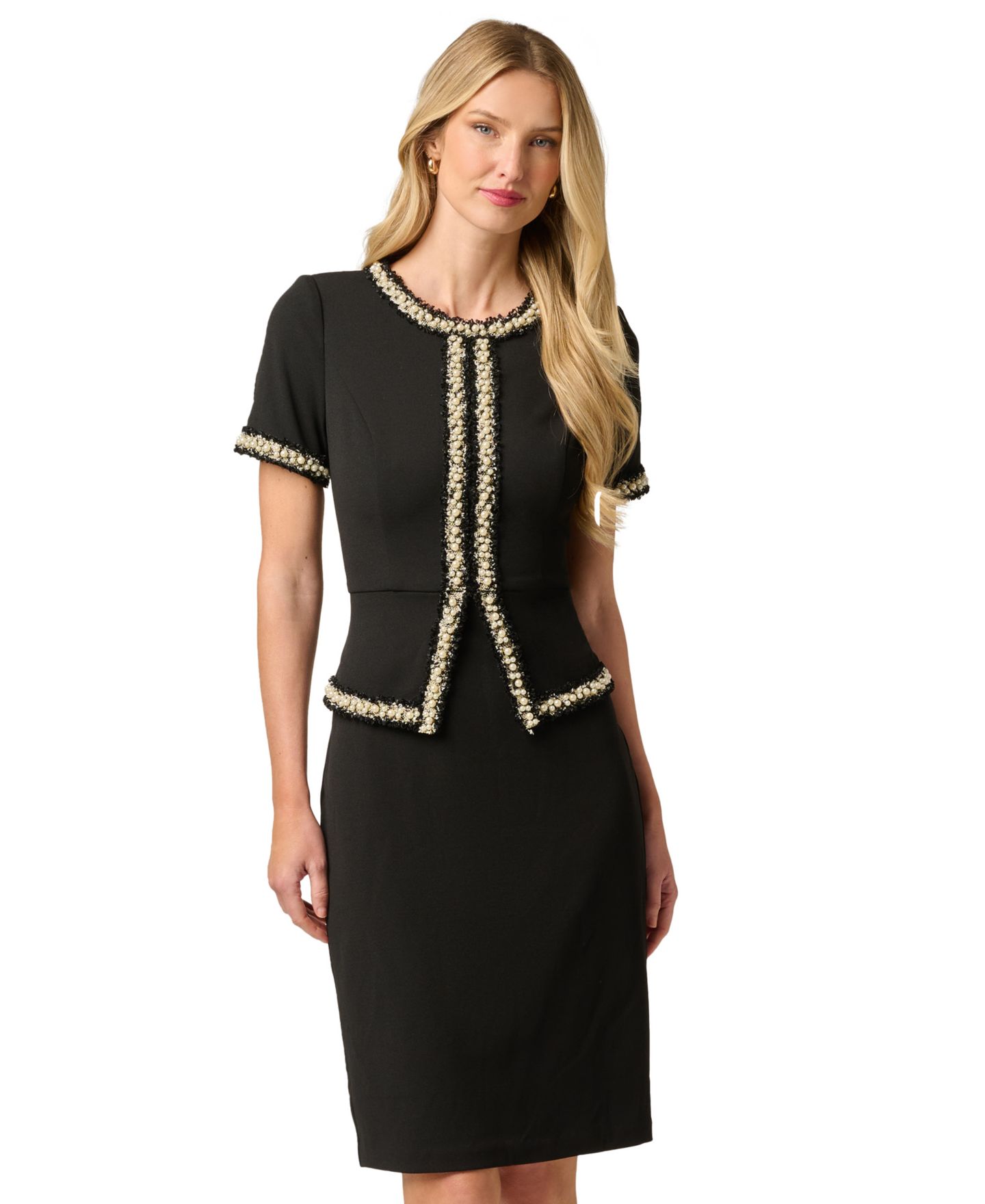 Женское платье Adrianna Papell Petite Crewneck Faux-jacket Overlay Crepe Sheath, цвет: Чёрный — фото 3