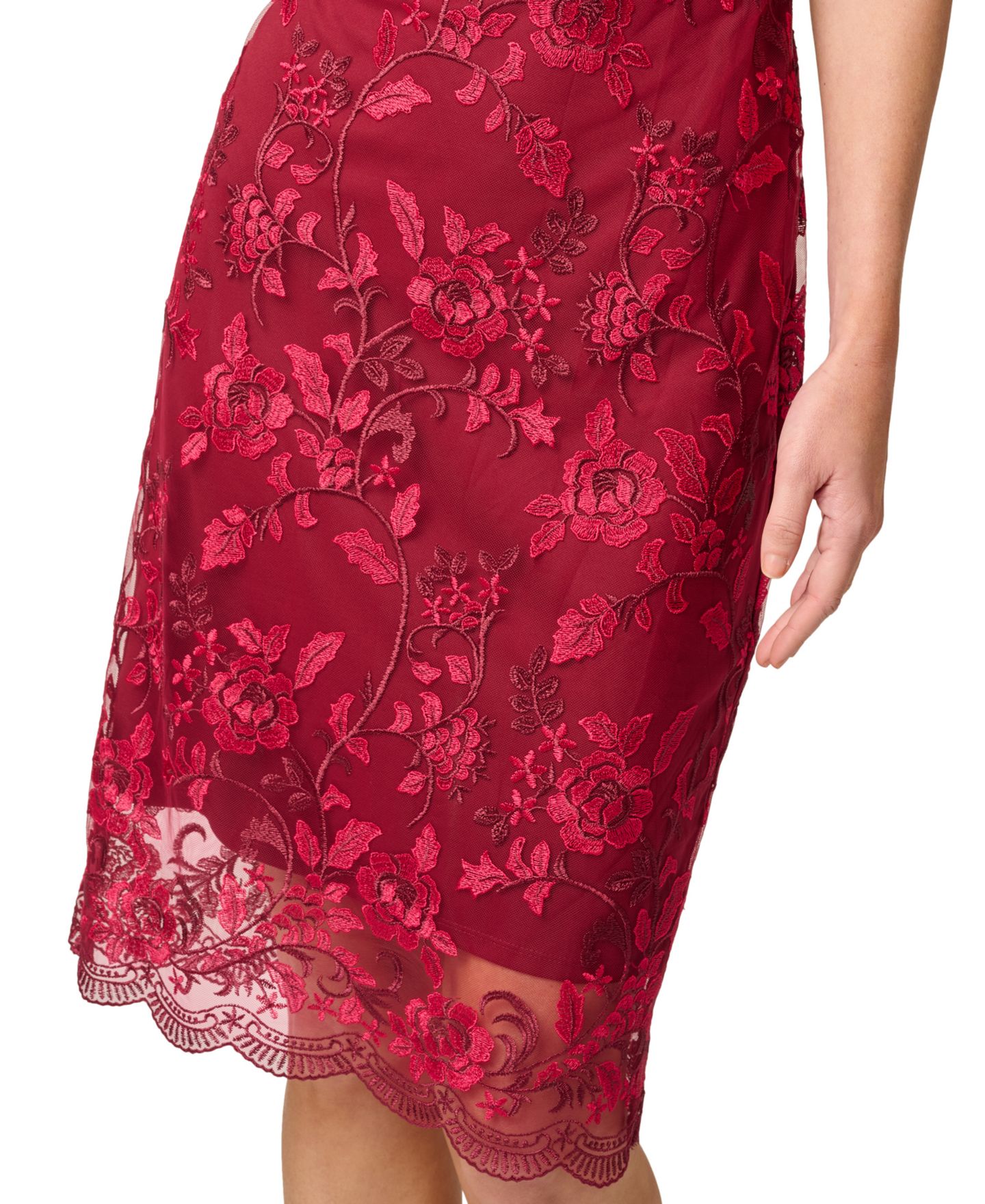 Женское платье Adrianna Papell Short-Sleeve Square-Neck Floral-Embroidered, цвет: Бордовый / Розовый — фото 5