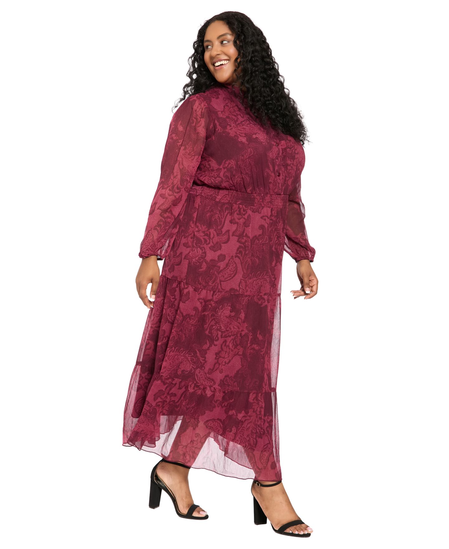 Женское платье London Times Plus Floral-Print Sheer Long-Sleeve Tiered Long, цвет: Коричневый / Розовато-лиловый — фото 2