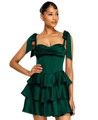 Juniors' Satin Corset Tiered Dress with Tie Straps