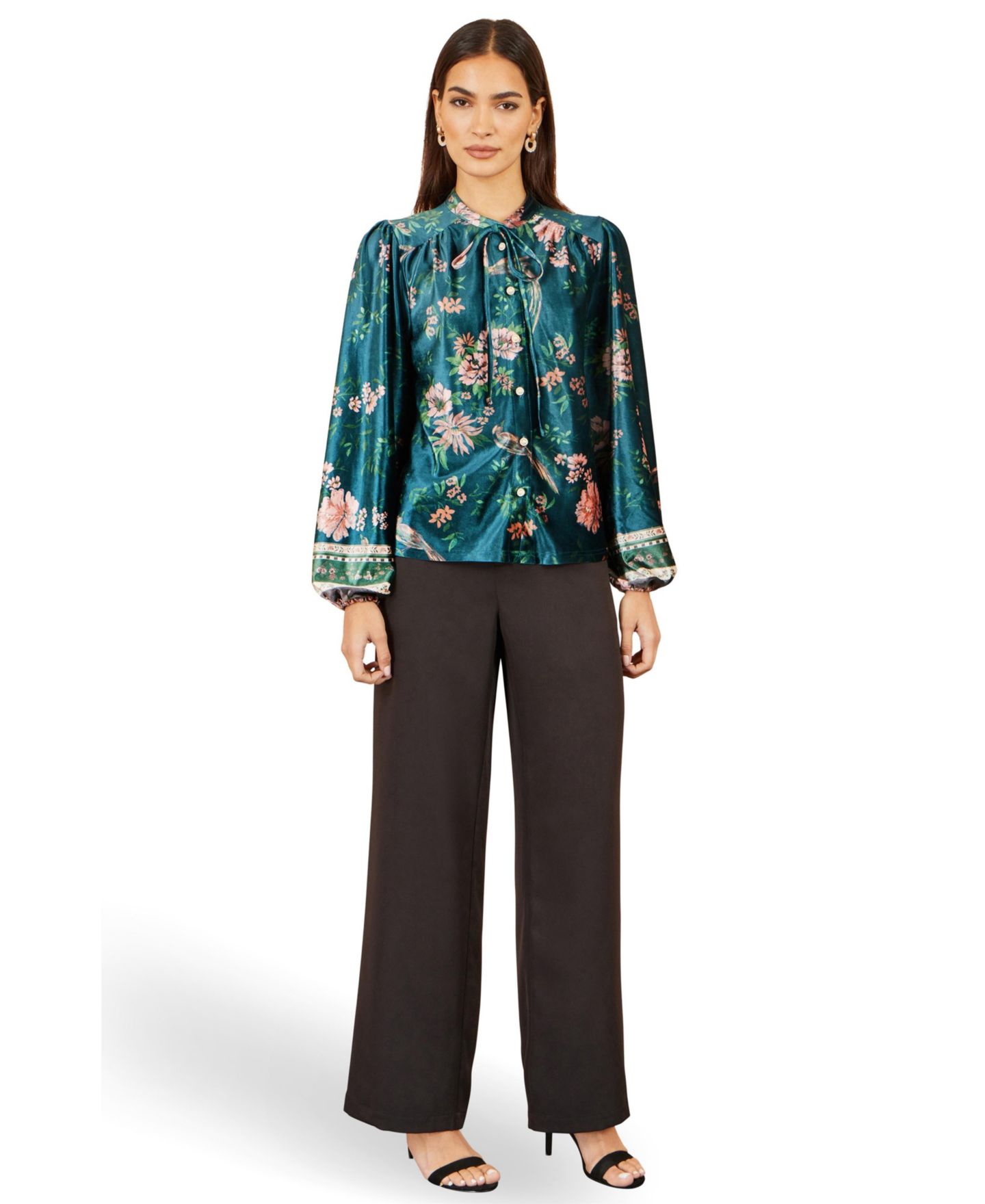 Женская блузка Yumi Floral Tie Neck Velvet, цвет: Зелёный — фото 2