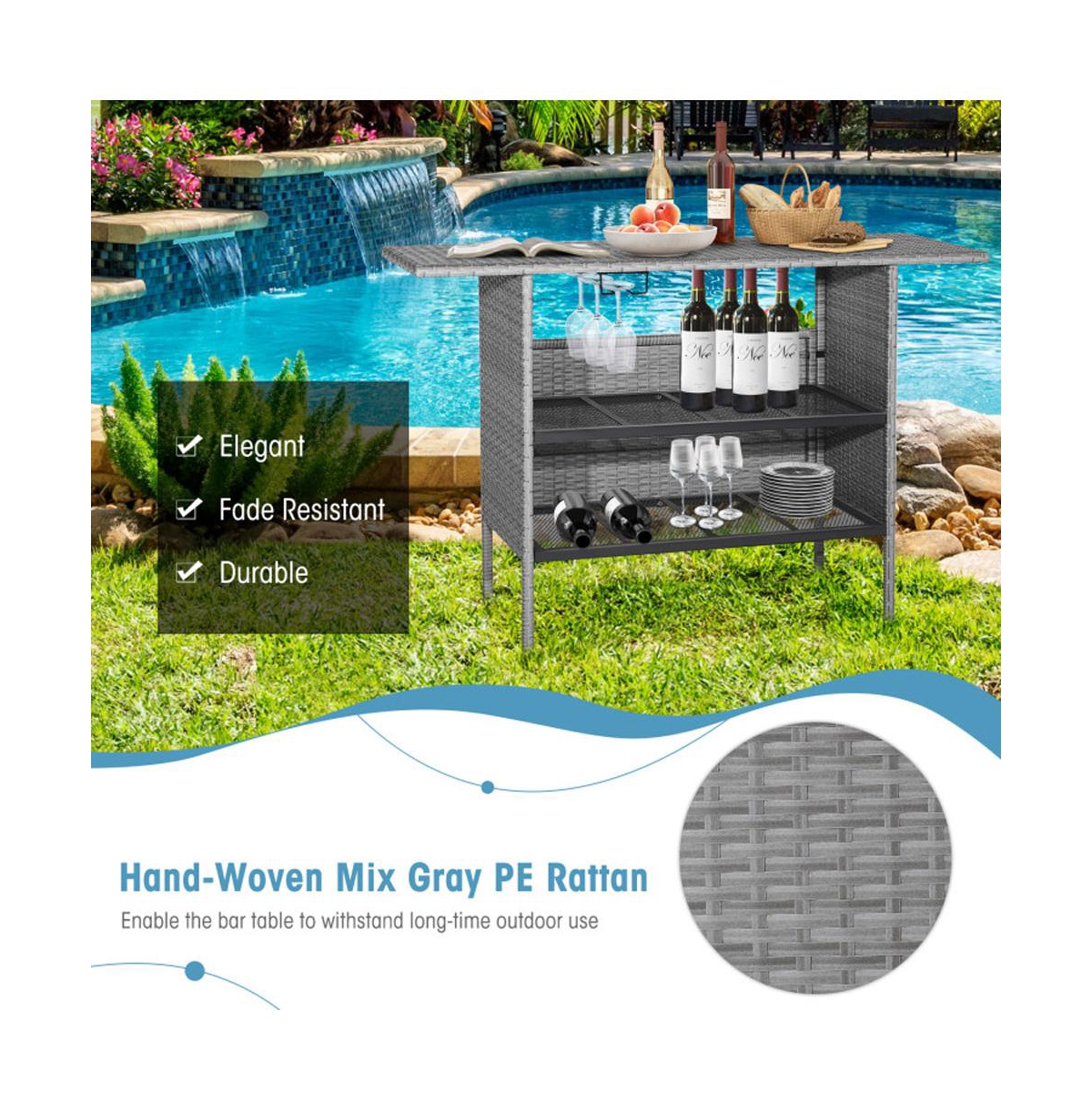 Boyel Living Outdoor Patio Wicker Bar Table with Metal Shelves
