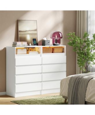 Set of 2 Chest of Drawers With 4 Drawers, Modern Chest With Led Lighting and Usb Charging Station, Storage Cabinet For Living Room and Bedroom