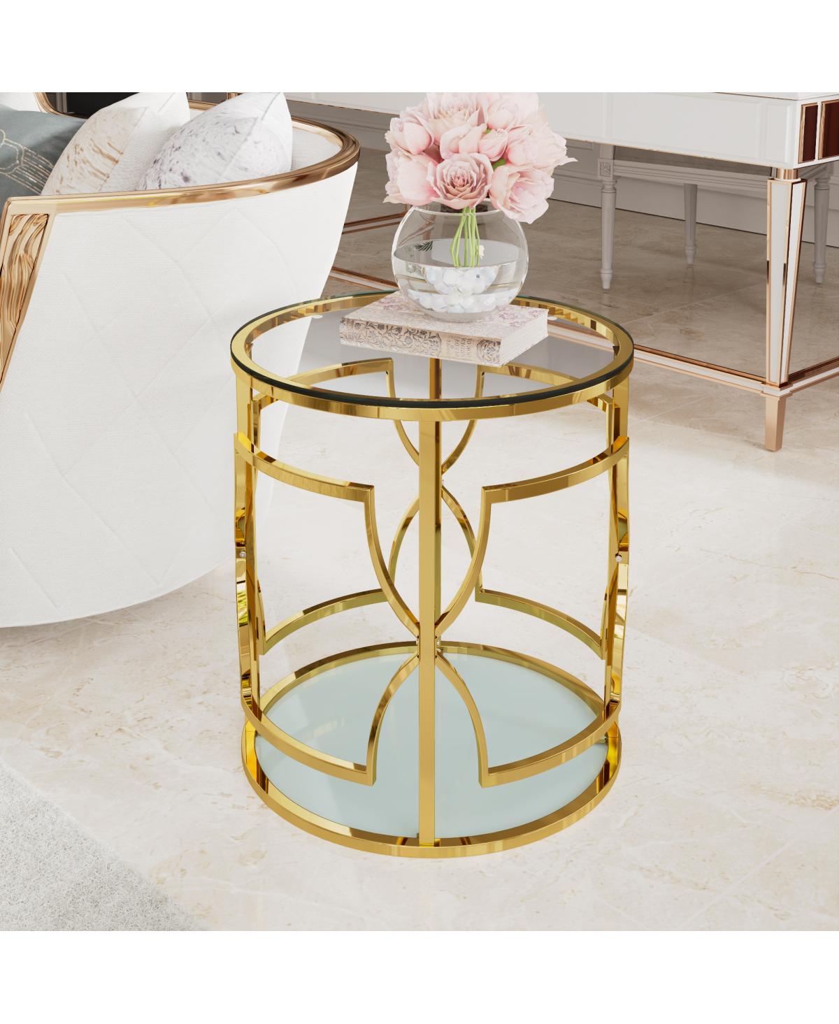 Streamdale Furniture 19.7" Luxury Round Side Table with Tempered Glass Top and Storage Shelf