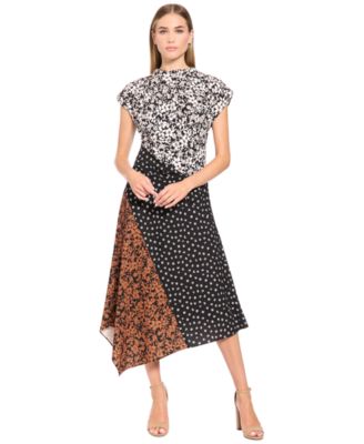 Women's Patchwork Print Mock Neck Midi Dress
