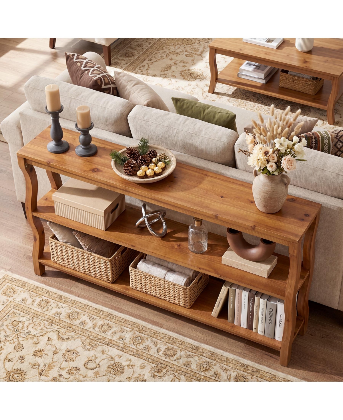 Tribesigns 63" Solid Wood Console Table with 3-Tier Storage, Farmhouse Sofa Table Behind Couch