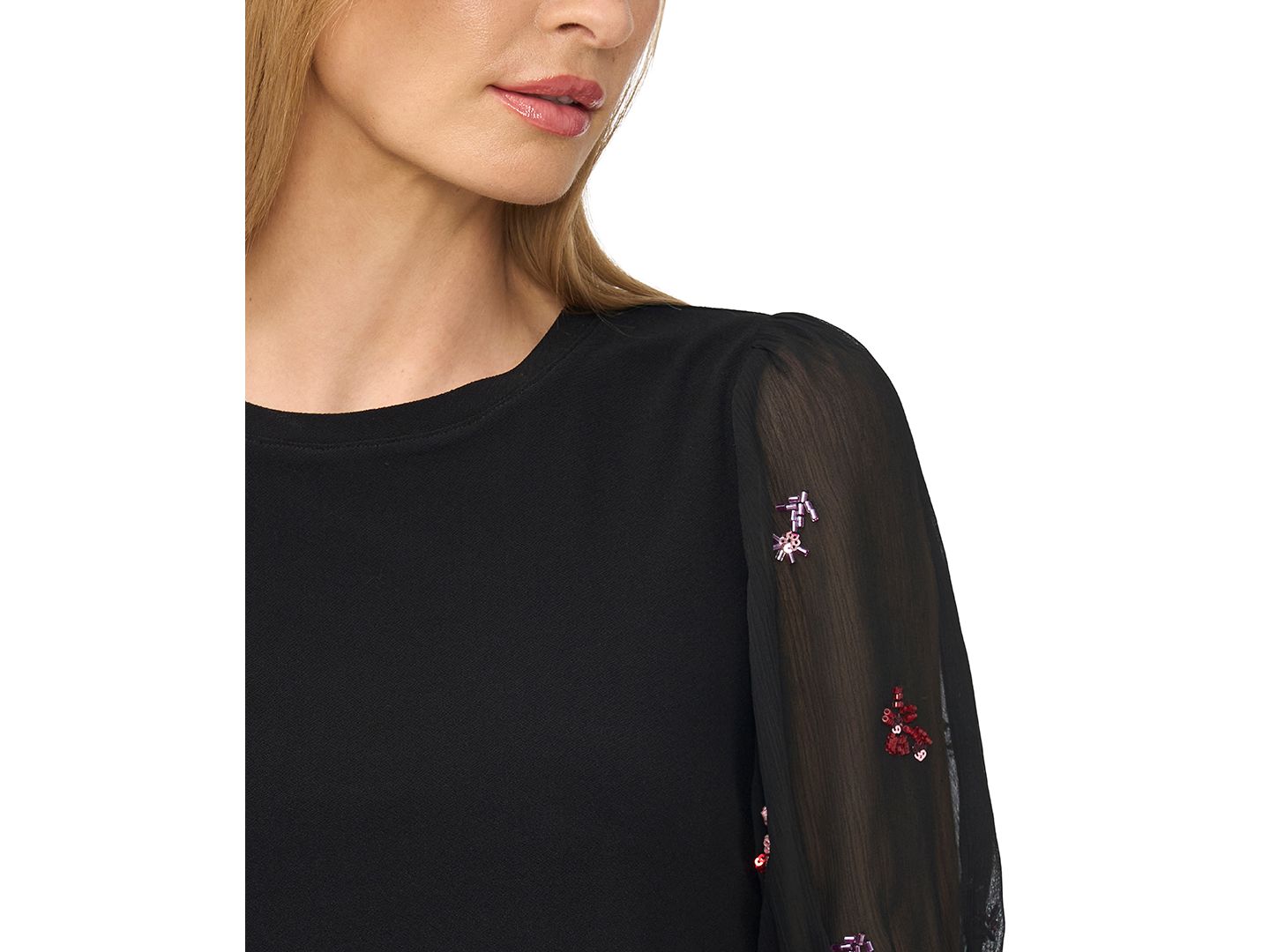 Женская блузка CeCe Beaded Short-Sleeve Mixed-Media Crew Neck Blouse, цвет: Насыщенный чёрный — фото 3