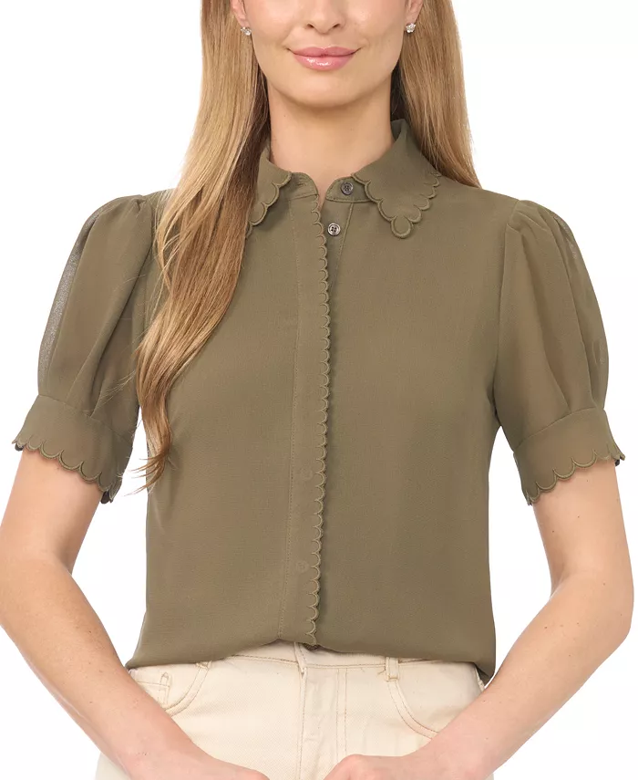 Women's Scalloped Puff-Sleeve Button-Front Top - thumbnail 8