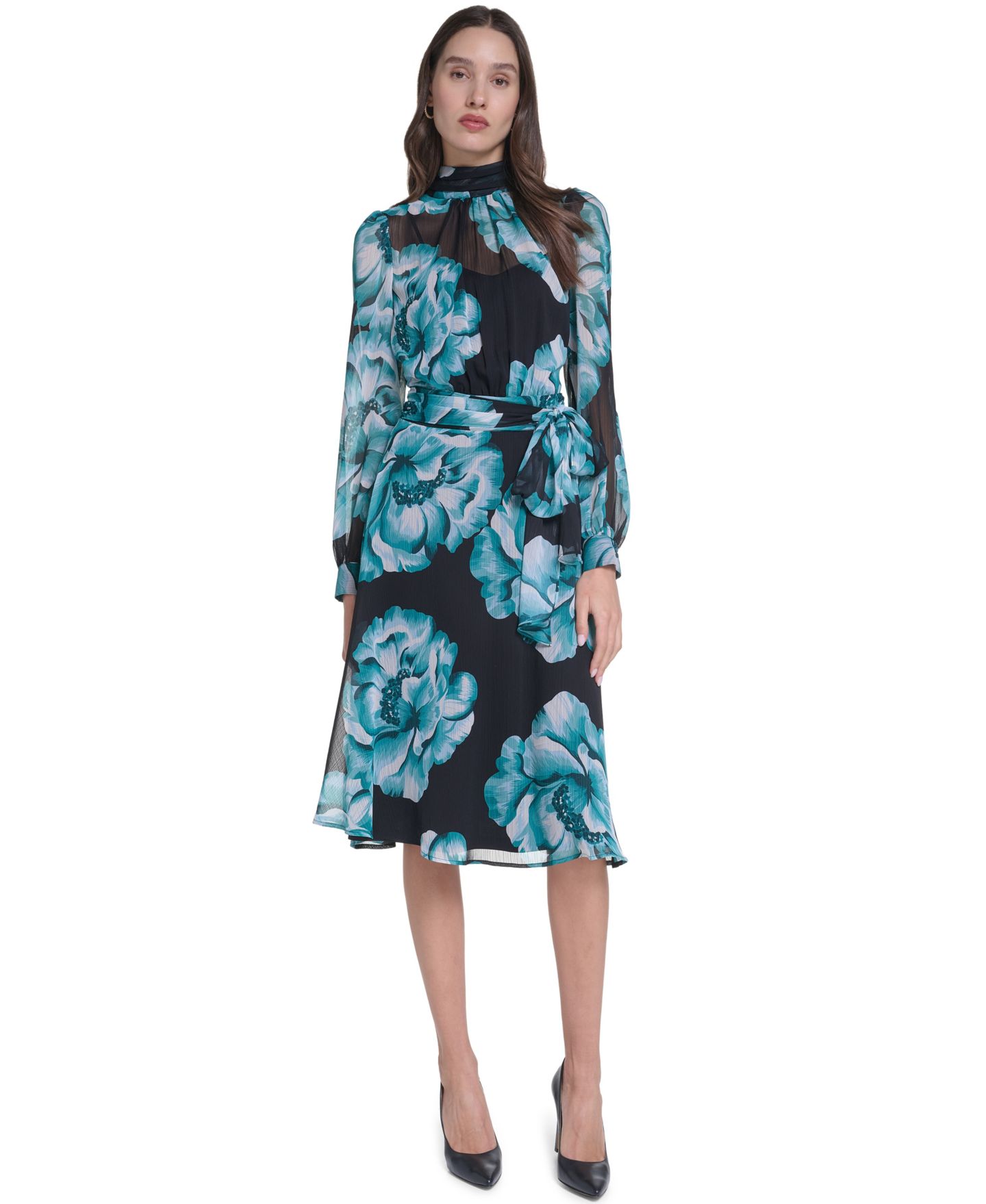 Женское платье Calvin Klein Wedding Guest Floral-Print Long-Sleeve Chiffon Midi, цвет: Чёрный, вариант 1 — фото 1
