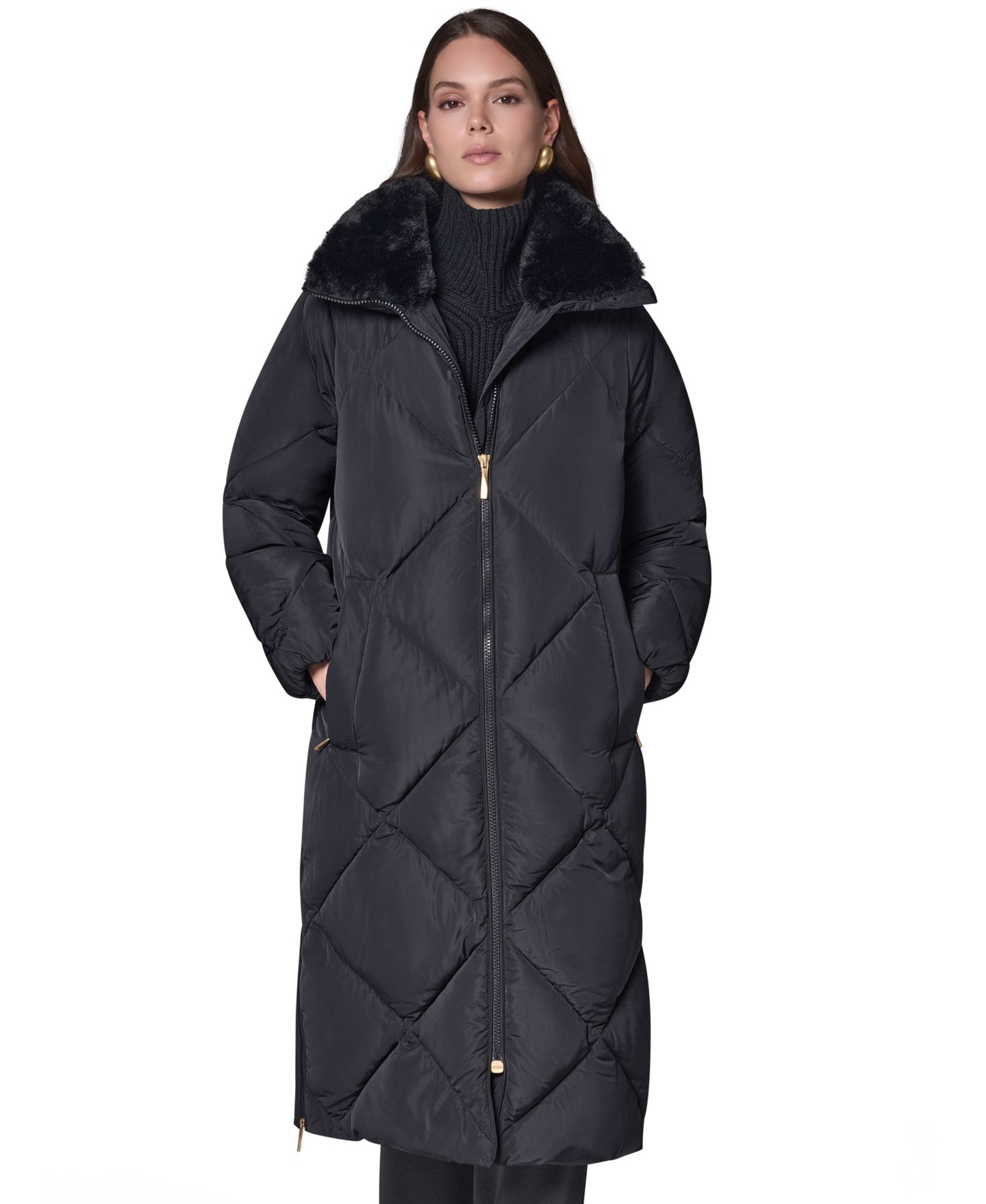 Женский стёганый пуховик миди Donna Karan New York с отделкой из искусственного меха, цвет: Чёрный — фото 8