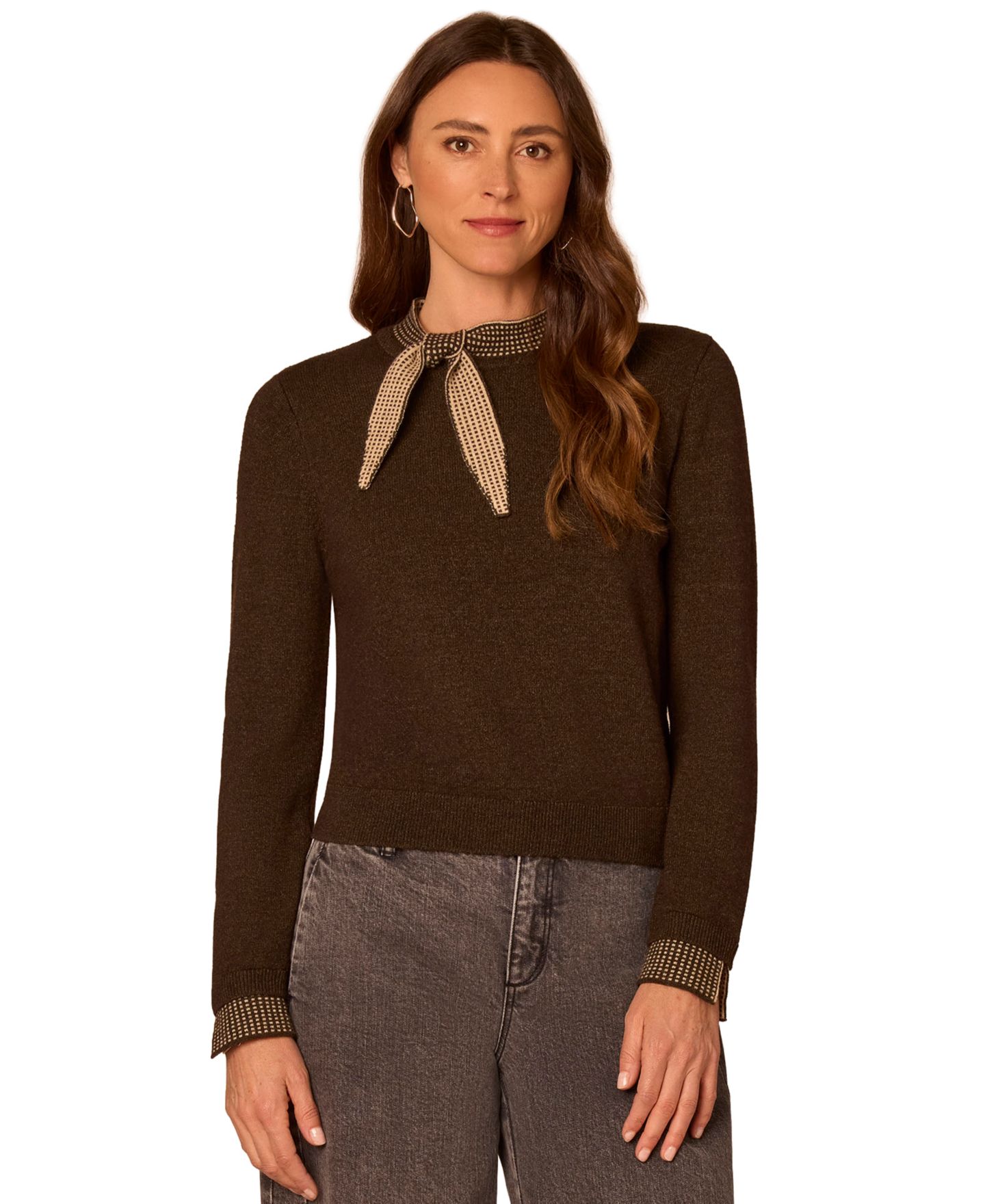 Женский свитер Democracy Petite Self-Tie Long-Sleeve Pullover, цвет: Меланжевый коричневый / Овсяный — фото 2