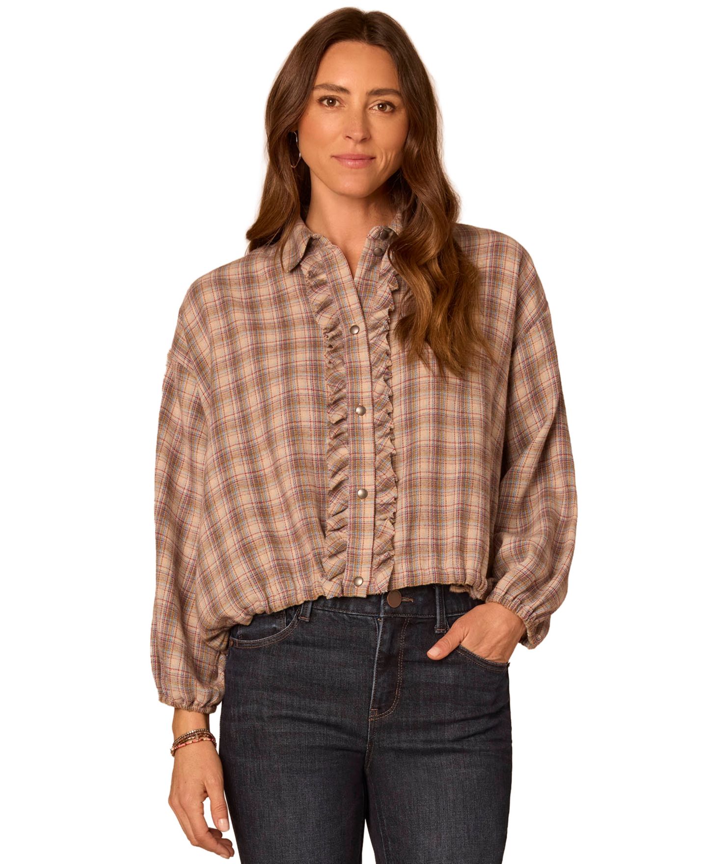 Женская блузка Democracy Petite Plaid Ruffle-Front Bubble-Hem Woven Blouse, цвет: Каменный синий / Мятный — фото 2