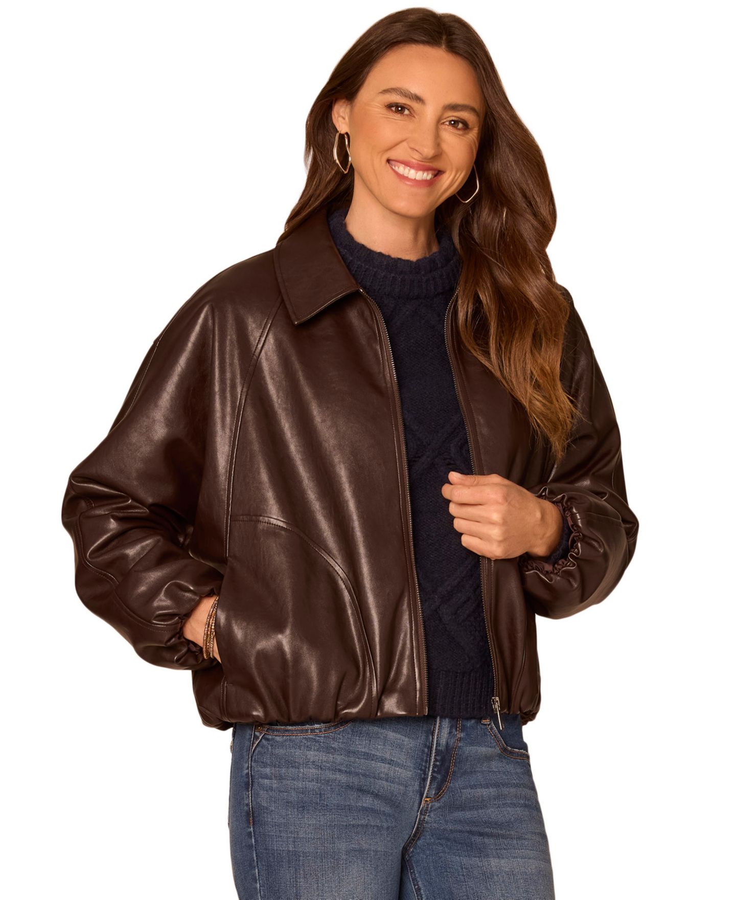 Женская куртка Democracy Petite Faux Leather Blouson-Sleeve Raglan Bomber, цвет: Шоколадный — фото 2