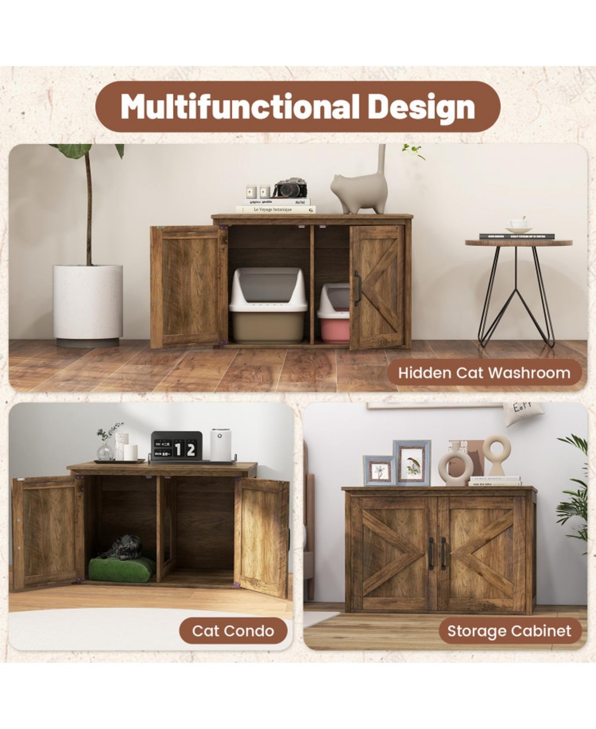 Hongge Flip-Top Hidden Cat Litter Box Enclosure with Double Barn Doors and Removable Divider