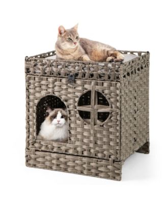 Foldable 2-Tier Rattan Cat Litter Box Enclosure with Litter Mat and Cushioned Top