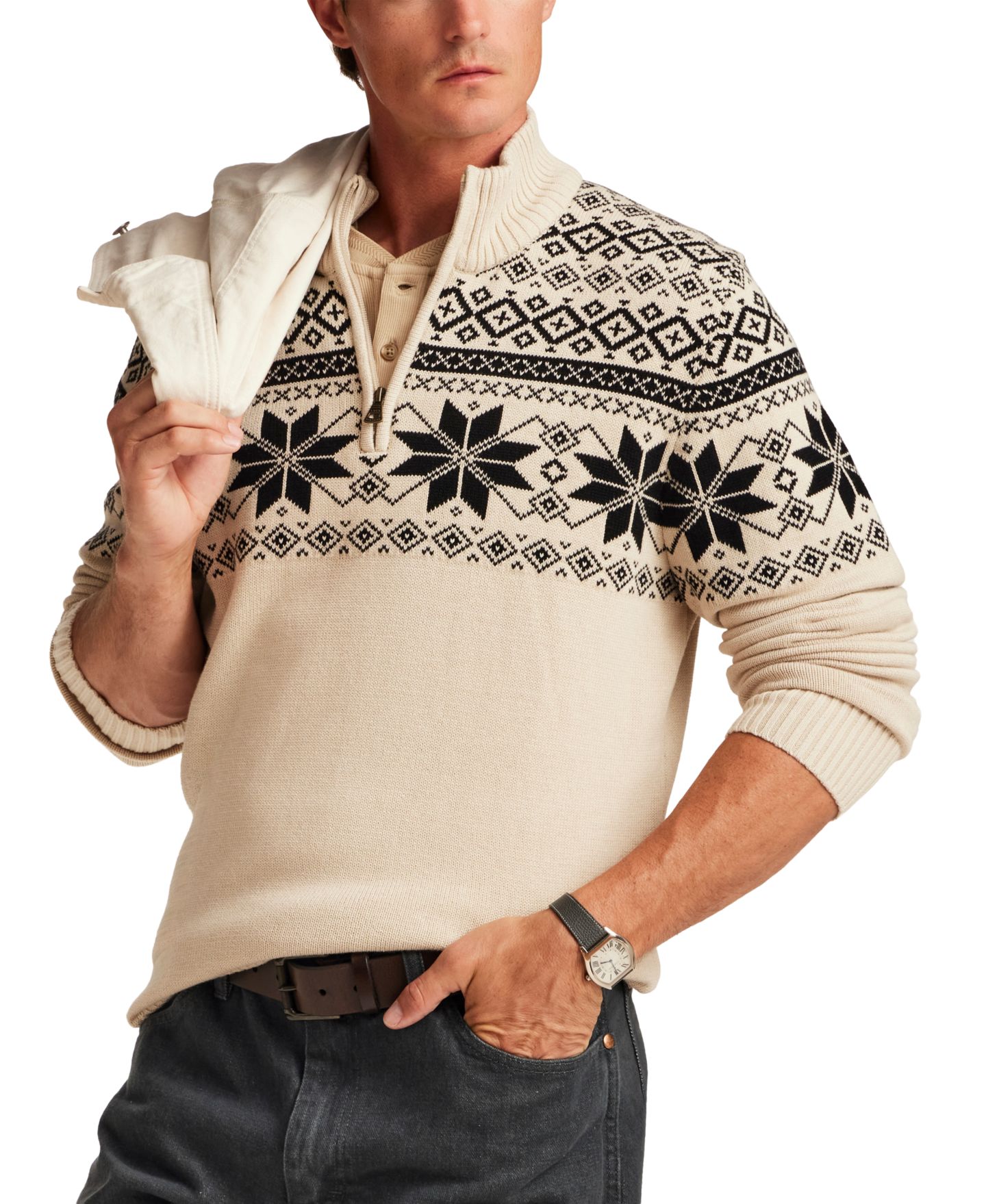 Мужской свитер Weatherproof Vintage Snowflake Yoke Quarter-Zip, цвет: Бежевый — фото 2