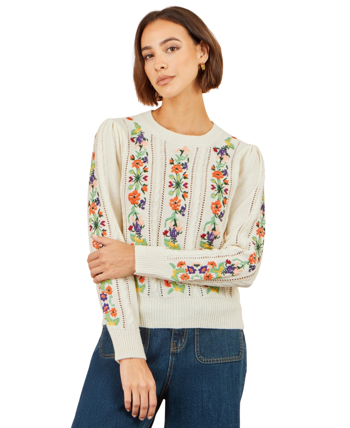 Yumi Women's Cable-Knit Floral-Embroidery Puff-Sleeve Crewneck Sweater