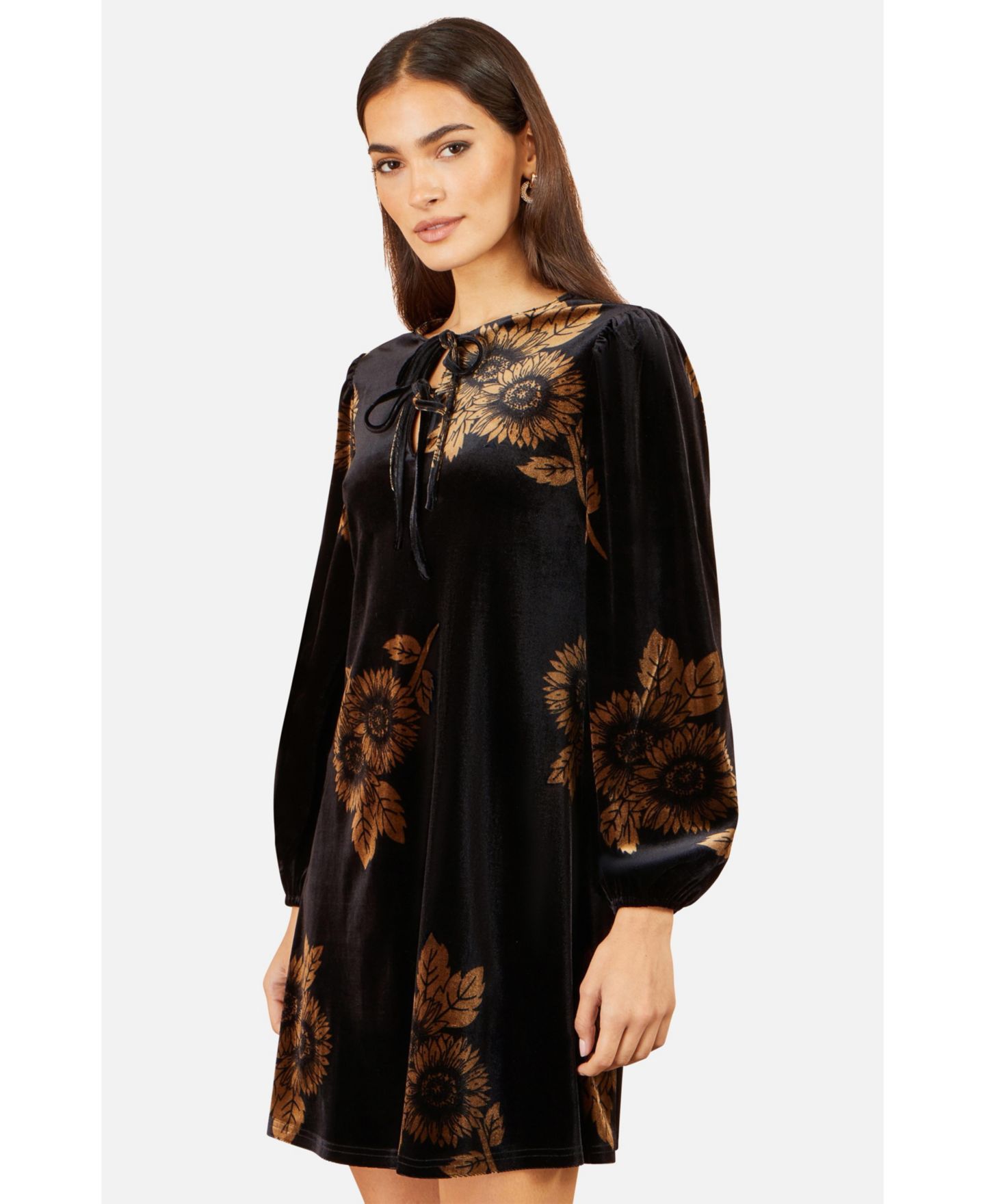 Женское платье Yumi Velvet Long-Sleeve Sunflower Print Tunic Mini, цвет: Чёрный — фото 4