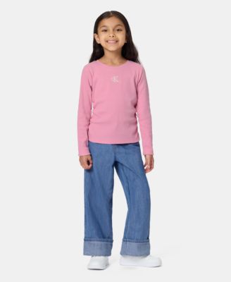 Toddler Girls' 2T-6X Monogram Ribbed Long-Sleeve Top and Wide-Leg Denim Pants, 2-Piece Set
