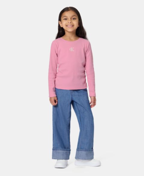 Детский комплект Calvin Klein с монограммой: топ в рубчик и широкие джинсы, 2T-6X, цвет: Розовый / Джинсовый