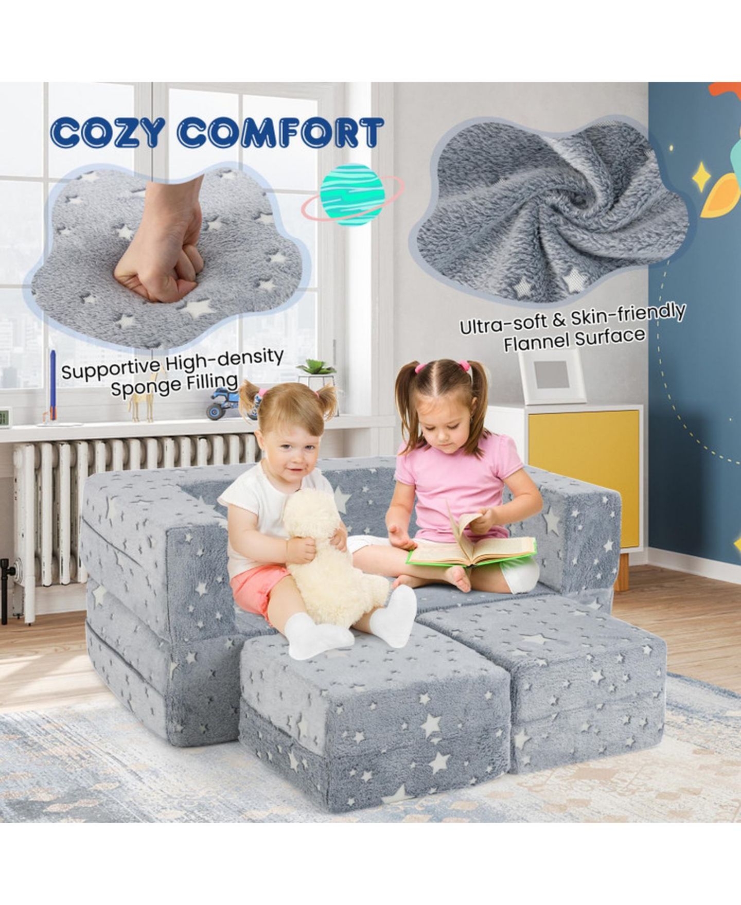 Детская игрушка HONGGE Modular 2-Seater Flannel Play Couch, Ages 3+, цвет: Серый с принтом — фото 6