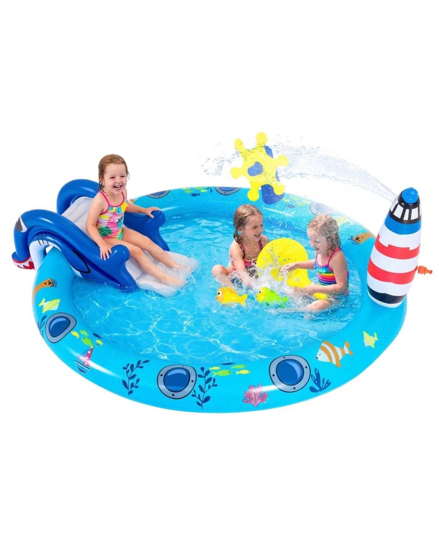 Детская игрушка HONGGE Marine Life Inflatable Spray Pool Play Center with Shark Slide, 74"L x 60.2"W x 24.8"H, 43-Gallon Capacity, Ages 2+, цвет: Океанский синий — фото 11