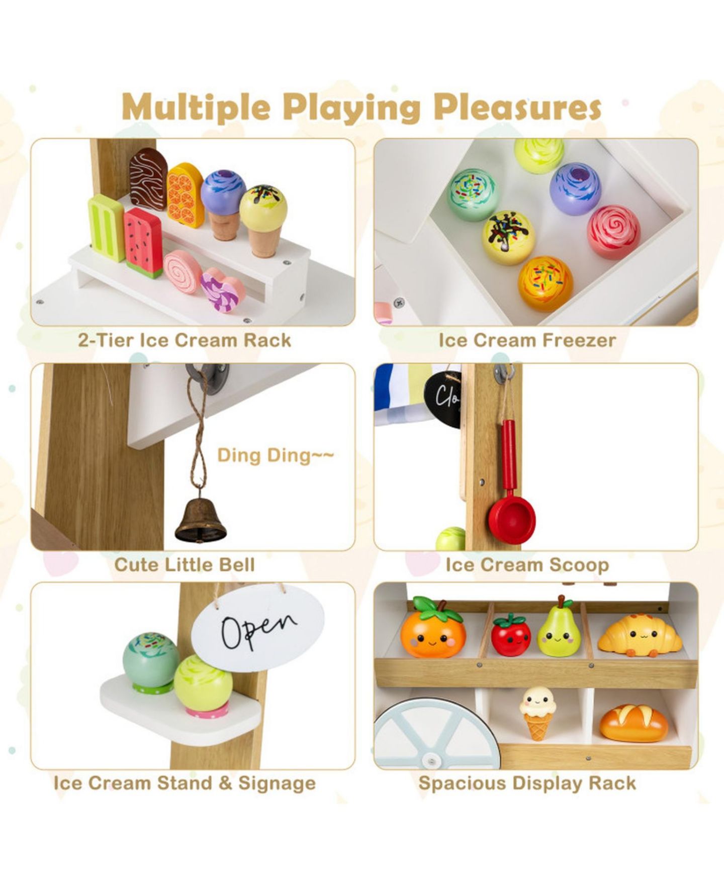 Детский игровой набор HONGGE 2-in-1 Wooden Ice Cream Cart and Grocery Store Playset for Kids, цвет: Белый — фото 4