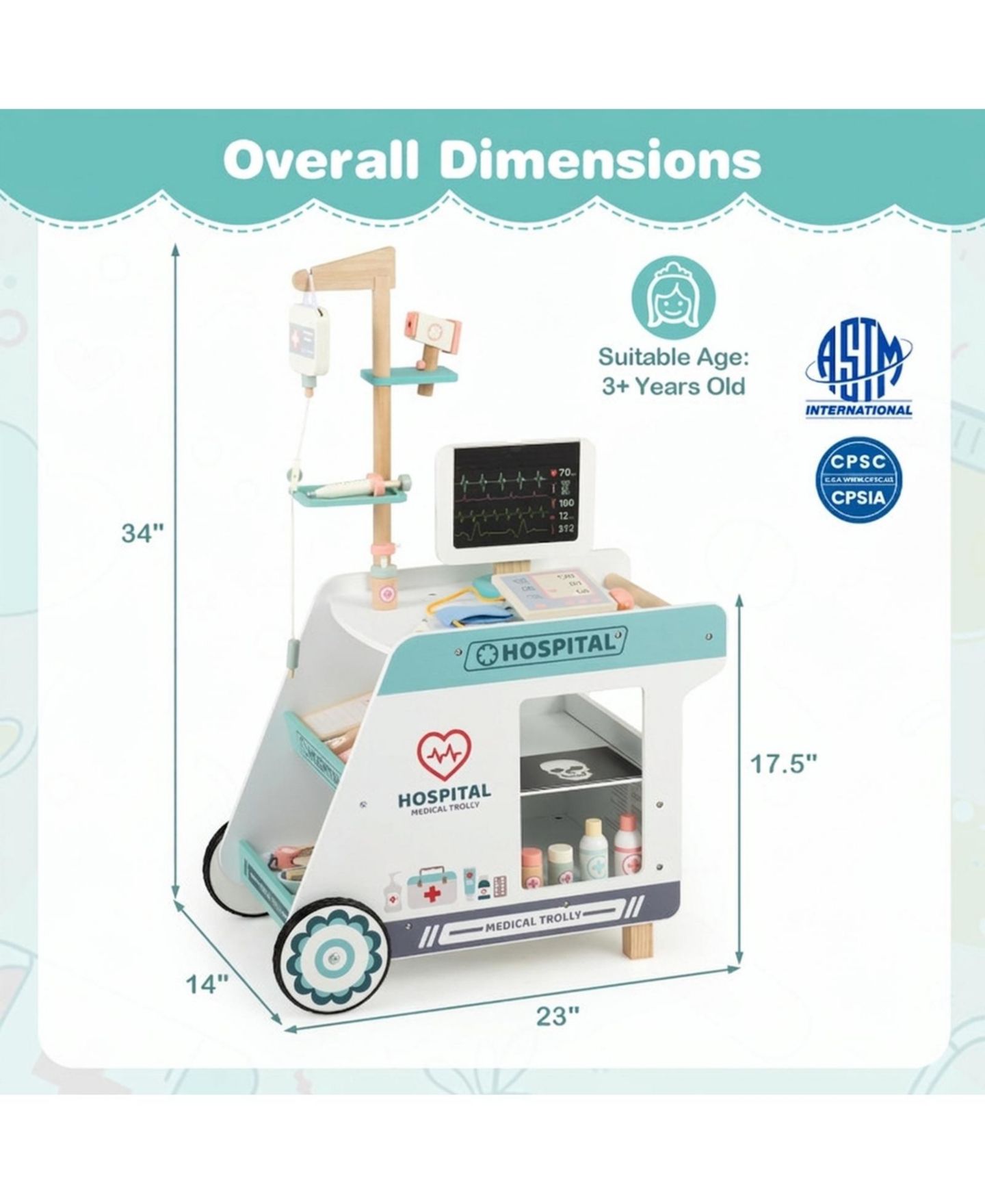 Детский игровой набор HONGGE Doctor CT Scanner Rolling Cart Wooden Playset, Ages 3+, цвет: Зелёный / Розовый — фото 3