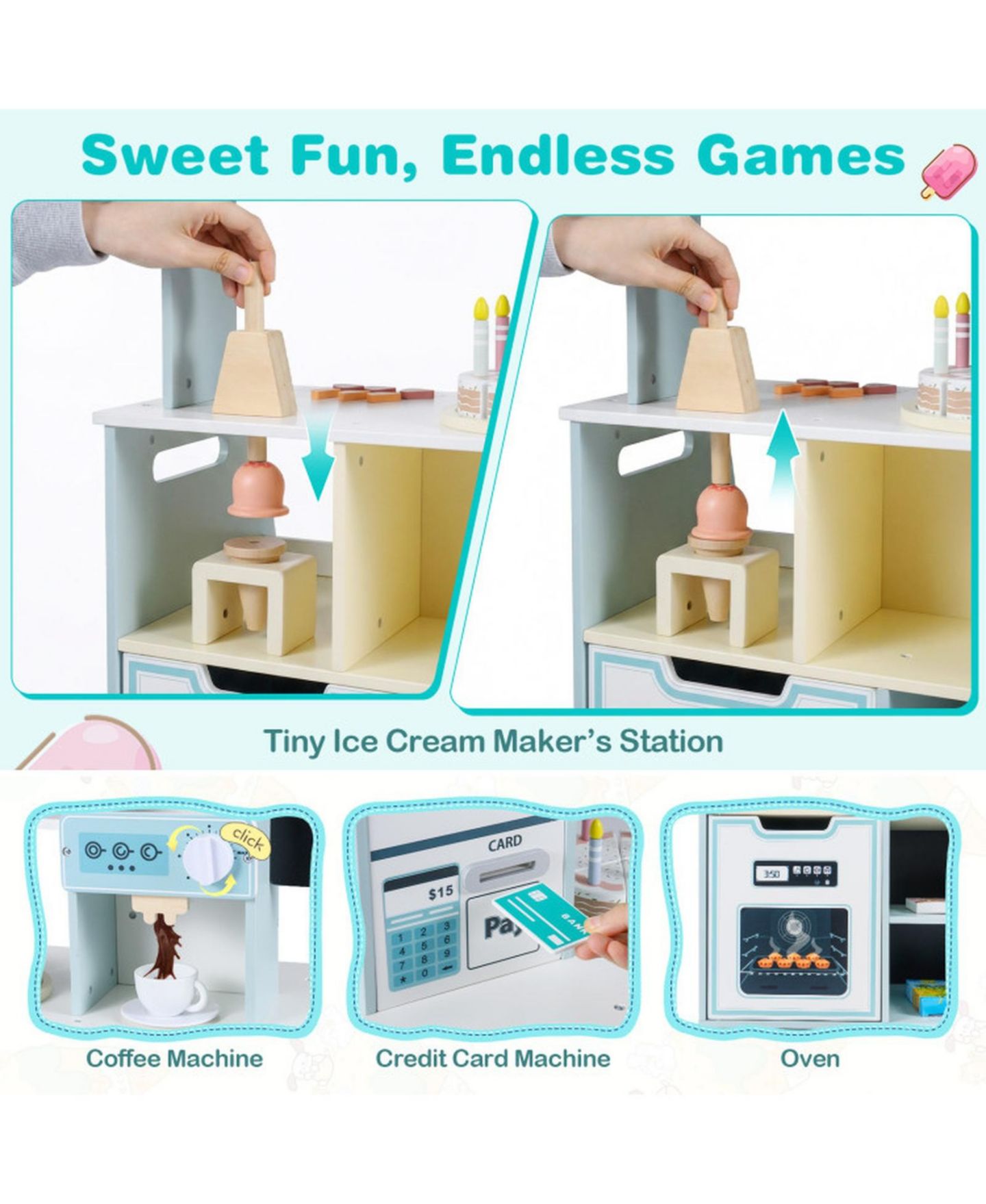 Детский игровой набор HONGGE Wooden Ice Cream Shop 27-Piece Playset, Ages 3+, цвет: Синий / Розовый — фото 5